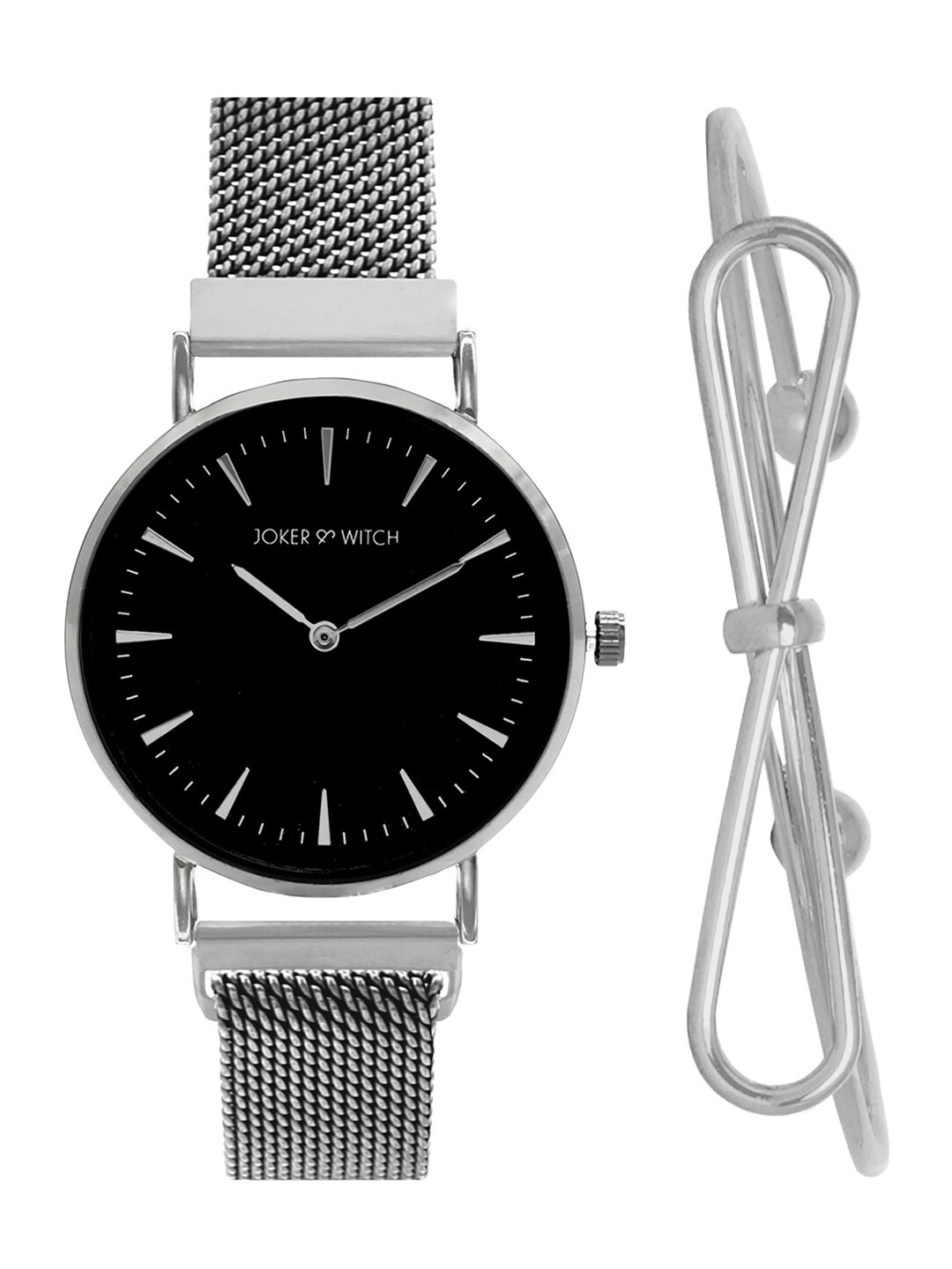 

JOKER & WITCH Women Black & Silver-Toned Metallic Bow Watch & Bracelet Gift Set JWBS346