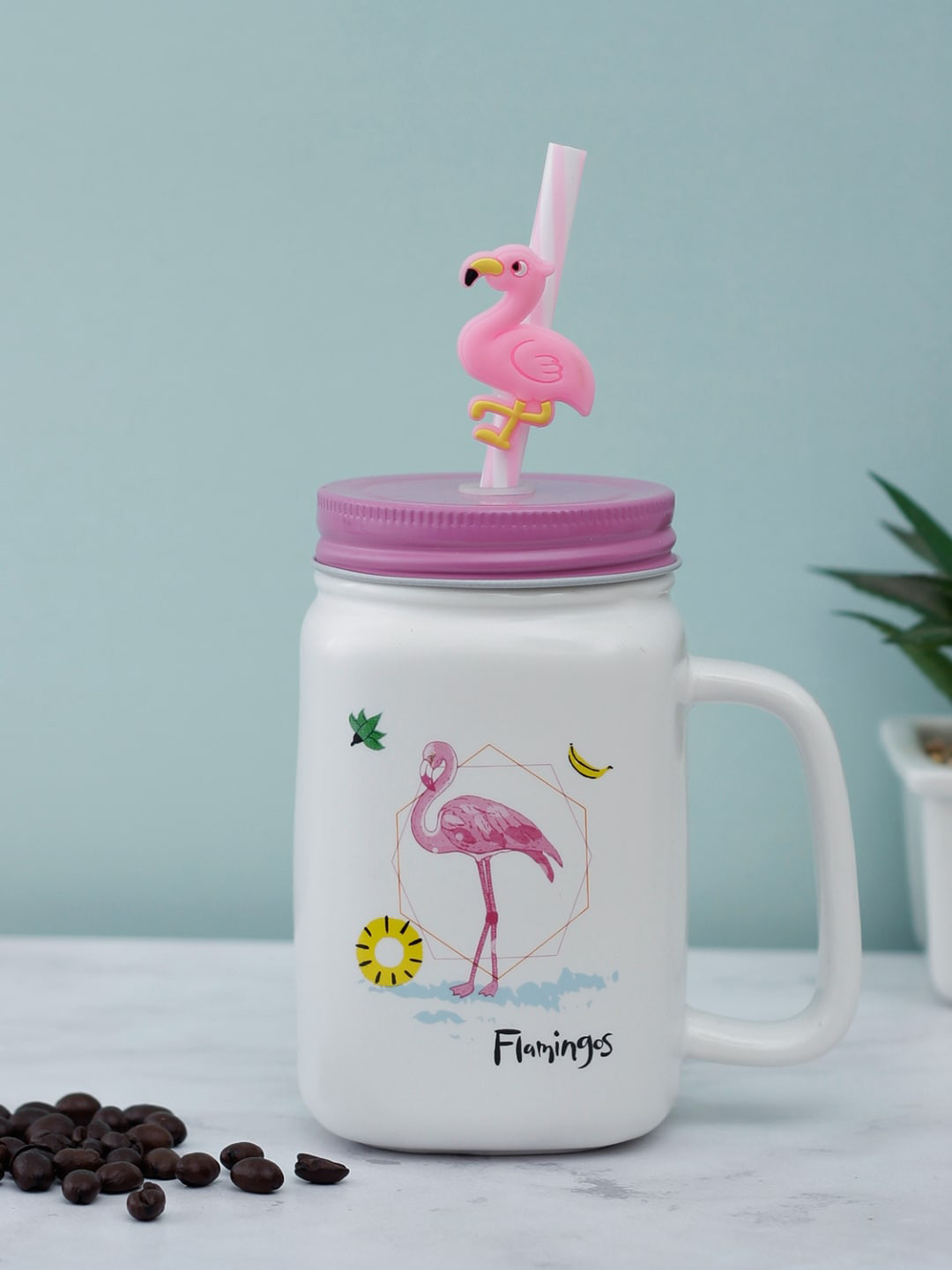 

A Vintage Affair- Home Decor White & Pink Printed Beach Flamingo Ceramic Mason Jar
