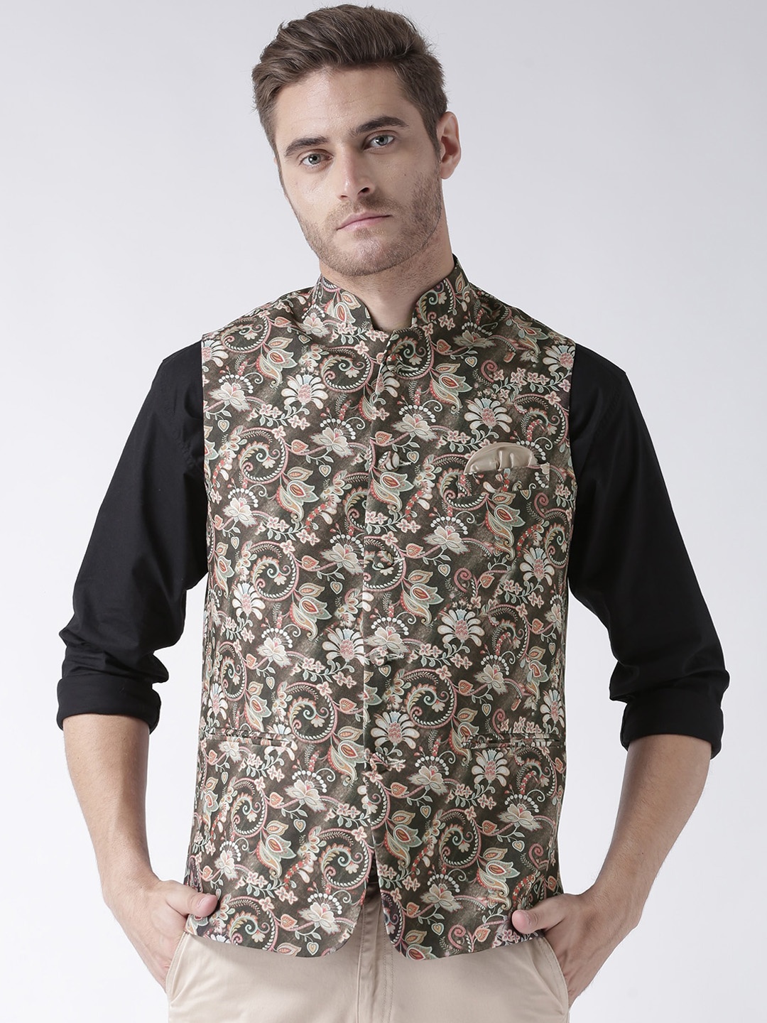 

Hangup Men Green & Grey Printed Woven Nehru Jacket