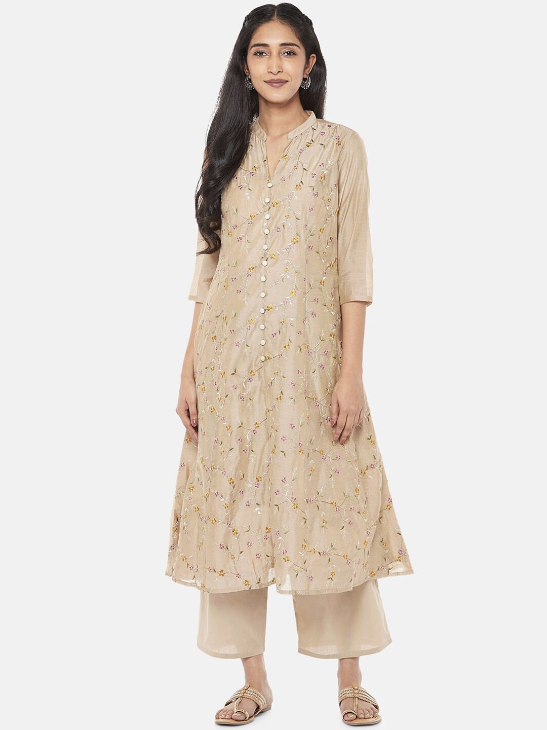

RANGMANCH BY PANTALOONS Women Gold-Toned Embroidered Kurta with Trousers