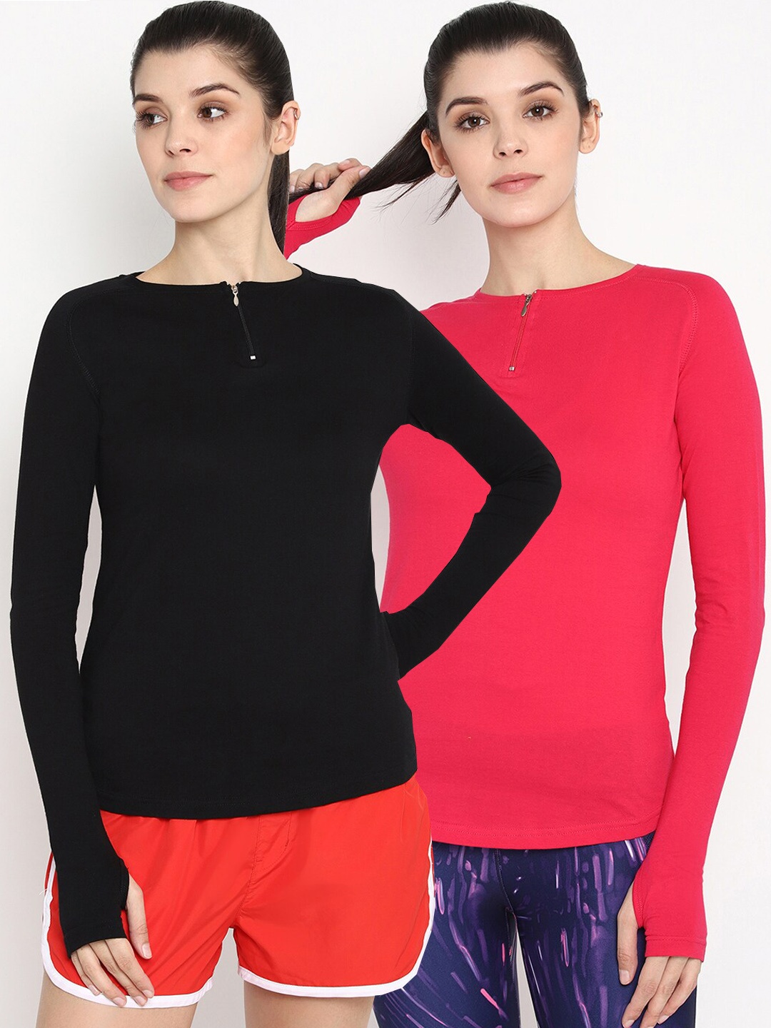 

appulse Women Black & Pink Set of 2 Solid Round Neck Tshirt