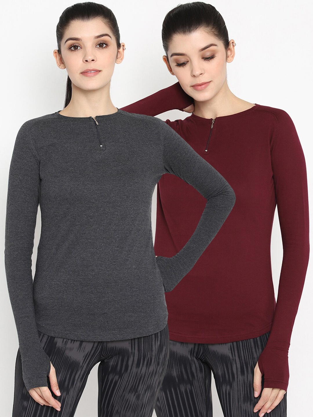 

appulse Women Grey & Maroon Set of 2 Solid Round Neck Tshirt