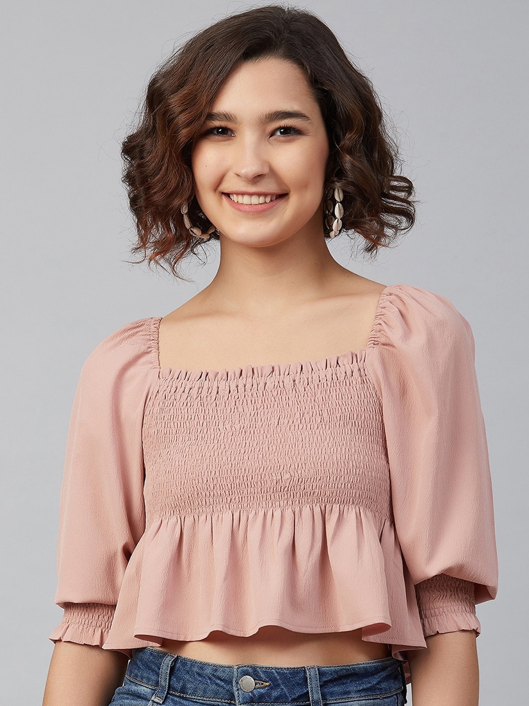 Marie Claire Women Peach-Coloured Puff Sleeves Georgette Peplum Crop Top