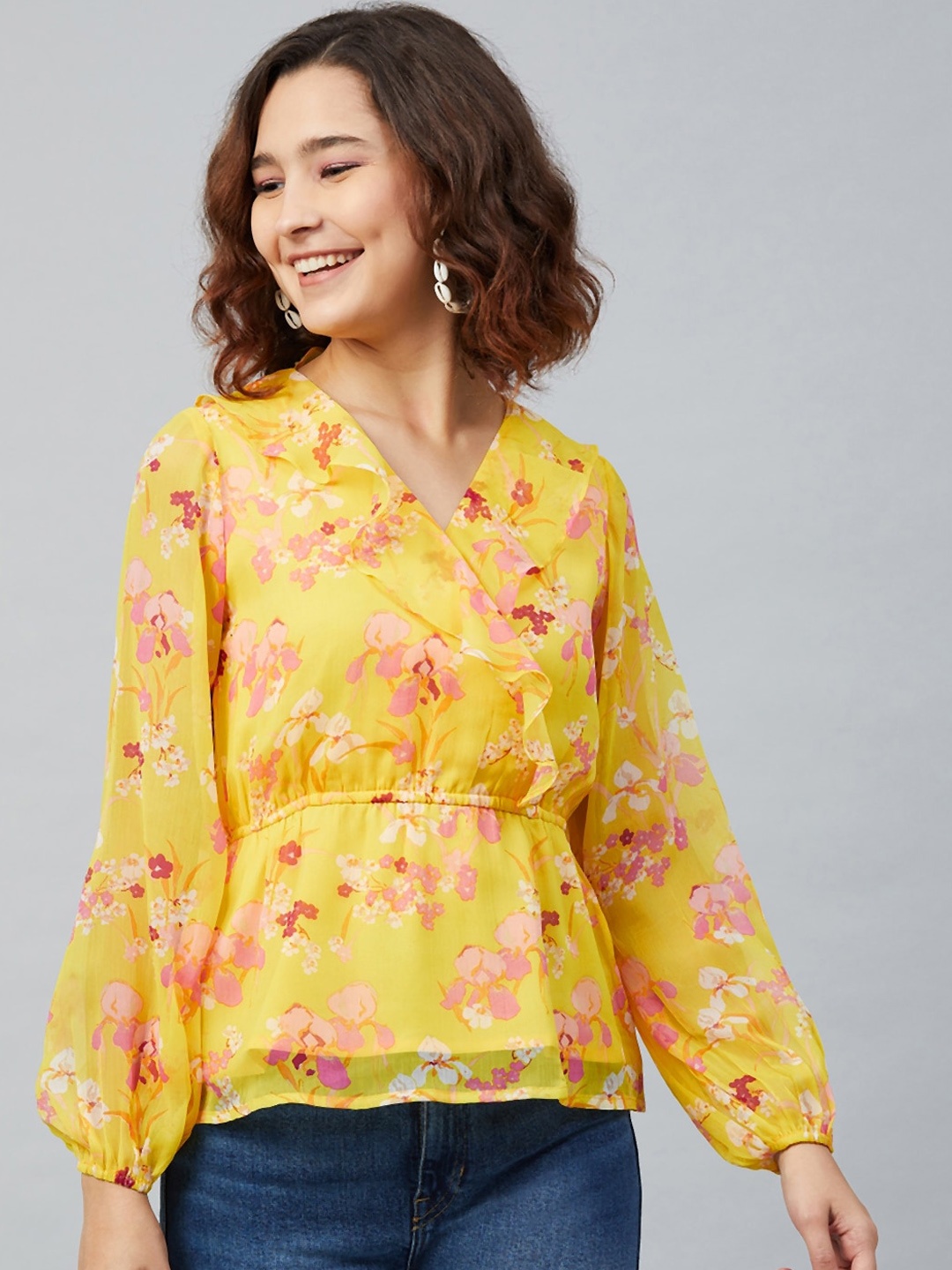 

Rare Women Yellow Floral Printed Puff Sleeves Chiffon Cinched Waist Top