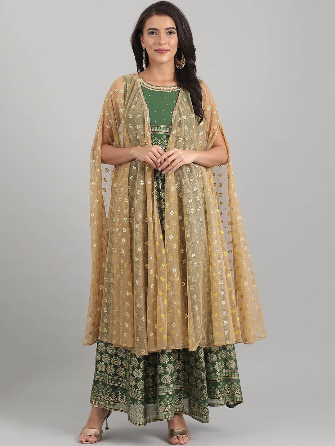 AURELIA Women Green & Gold-Toned Printed Kurta with Skirt