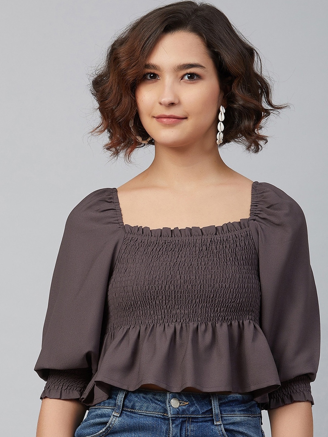 

Marie claire grey puff sleeves smocked georgette peplum crop top