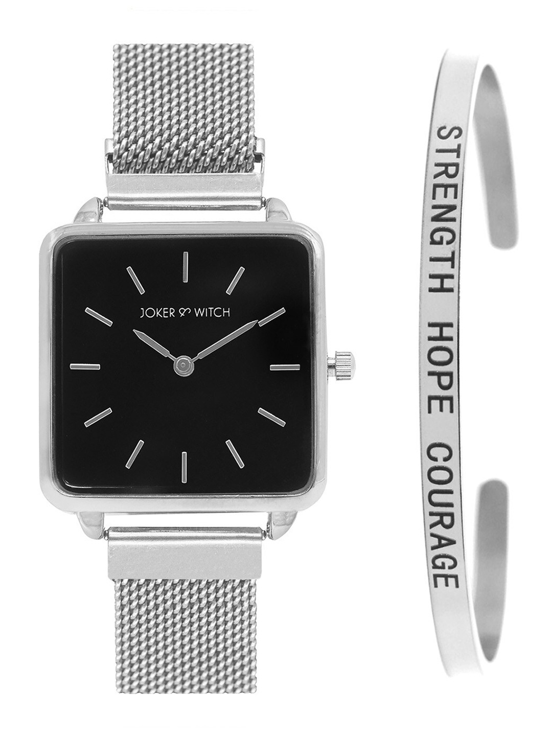 JOKER & WITCH Women Black & Silver-Toned Watch & Bracelet Gift Set JWBS362