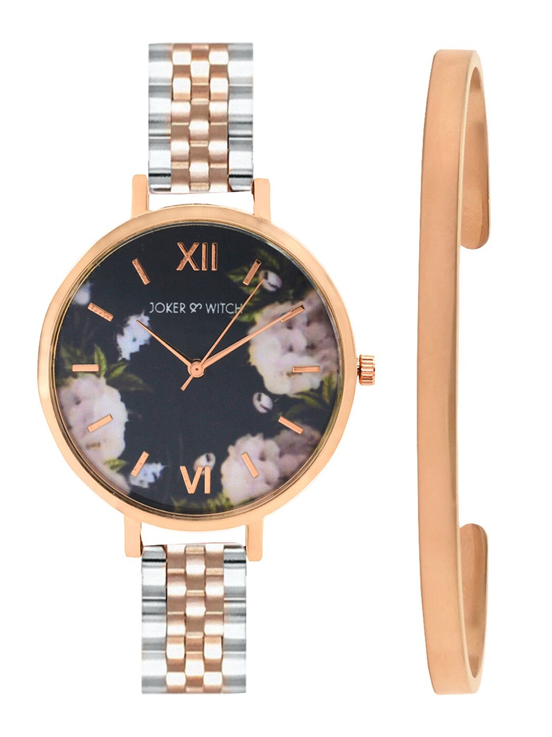 

JOKER & WITCH Women Silver-Toned & Rose Gold-Toned Multiflora Watch & Bracelet Gift Set-JWBS384