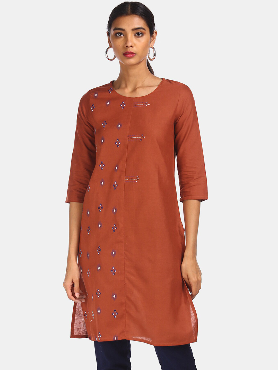 

Karigari Women Rust Geometric Checked Handloom Kurta