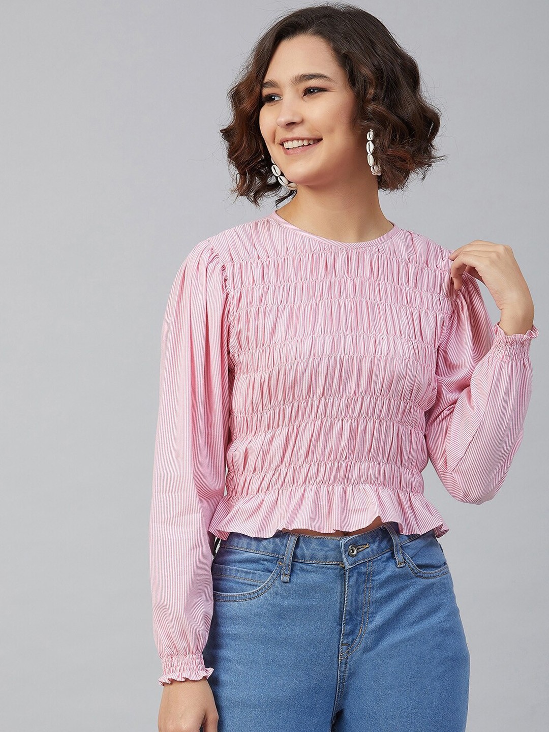 

Marie Claire Women Pink Striped Puff Sleeves Pure Cotton Fitted Top