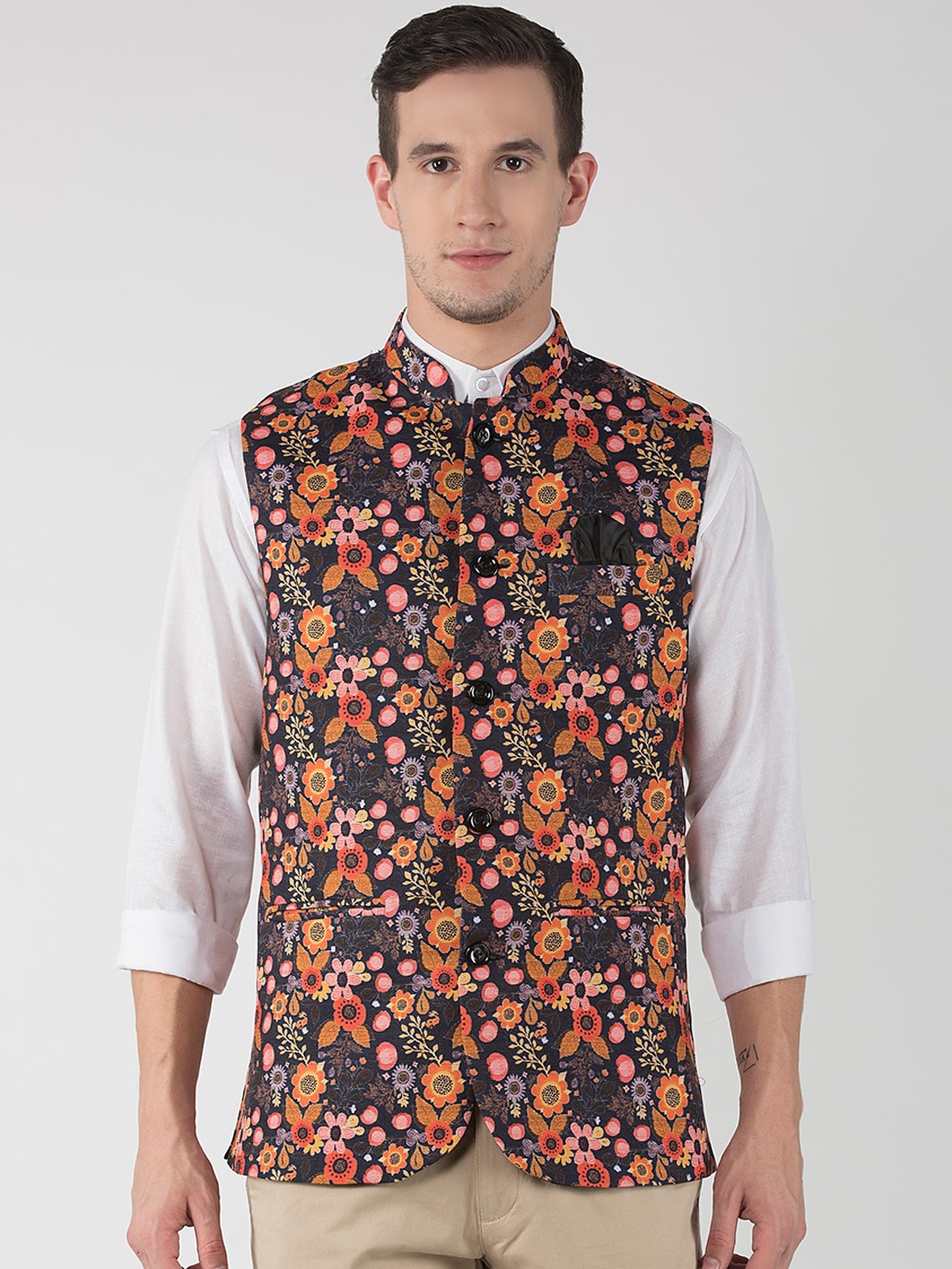 Hangup Men Black & Orange Printed Woven Nehru Jacket
