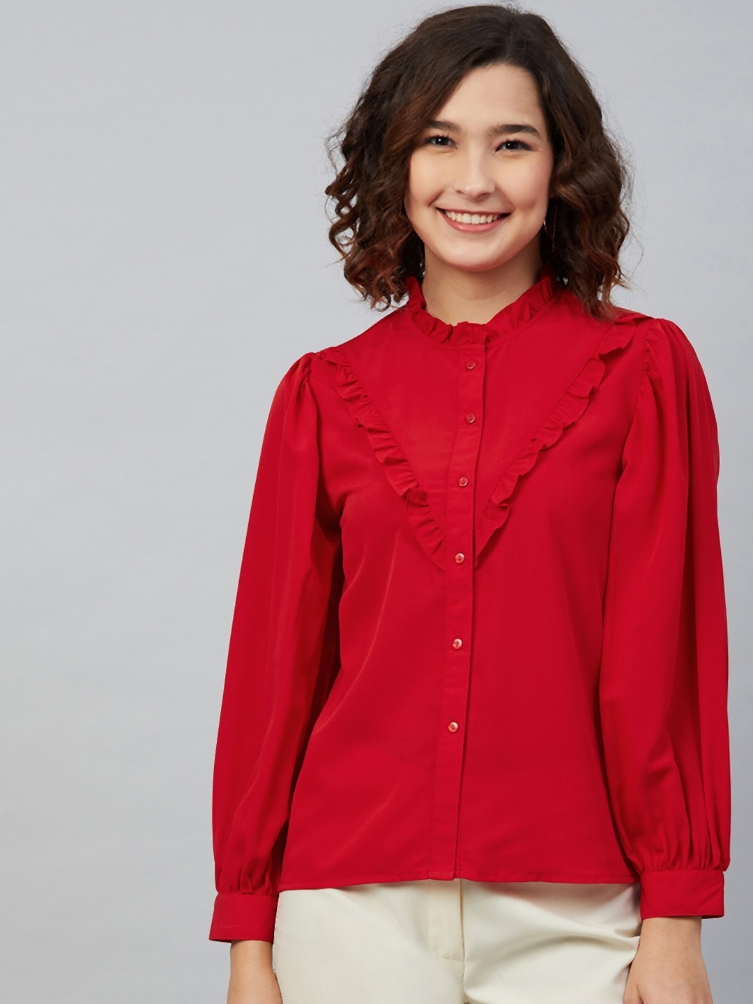 Carlton London Red Mandarin Collar Shirt Style Top