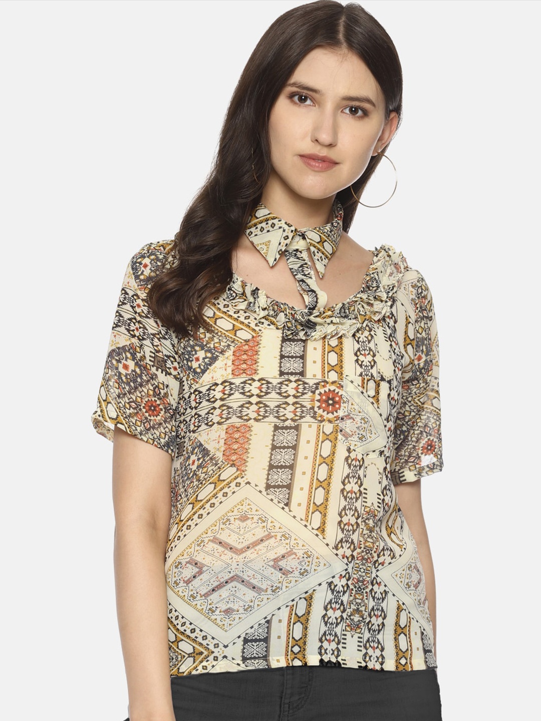 

COUPER & COLL Cream-coloured Printed Georgette Regular Top