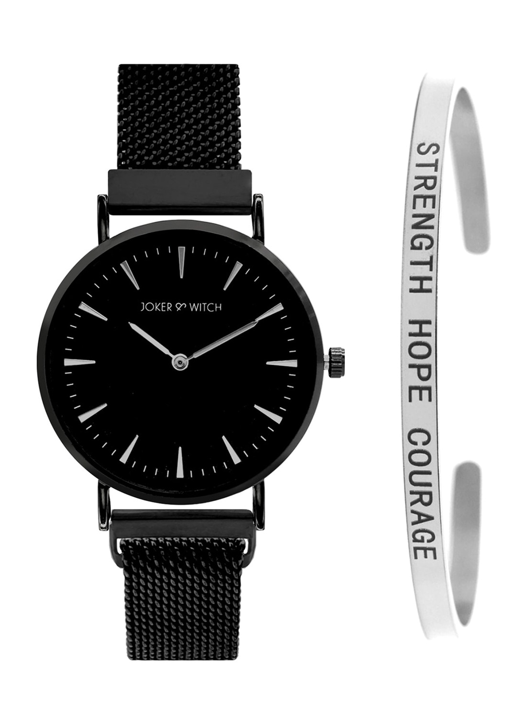 

JOKER & WITCH Women Black & Silver-Toned Watch & Bracelet Gift Set JWBS363