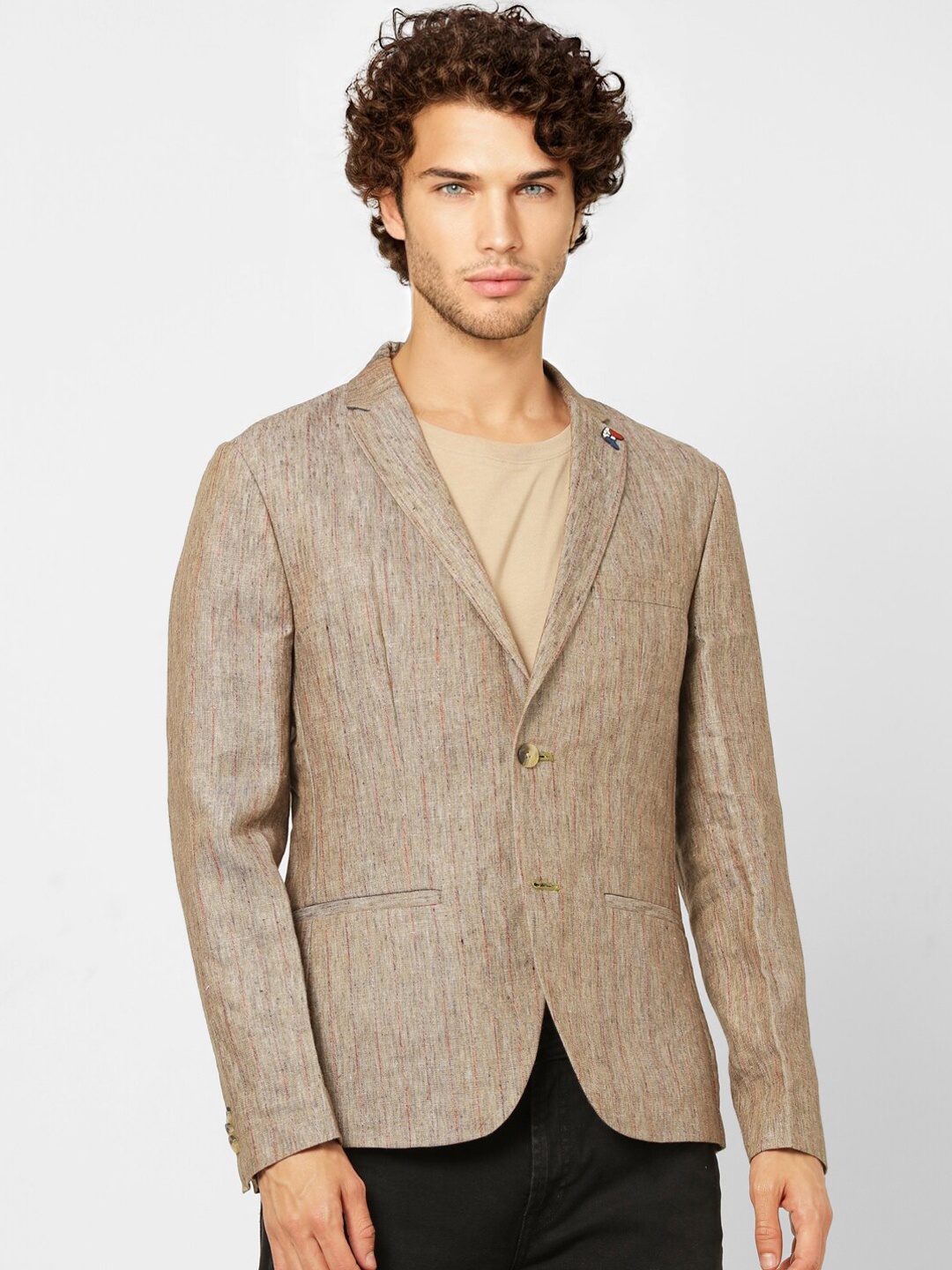 

Jack & Jones Men Beige & Maroon Striped Slim-Fit Linen Single-Breasted Casual Blazer