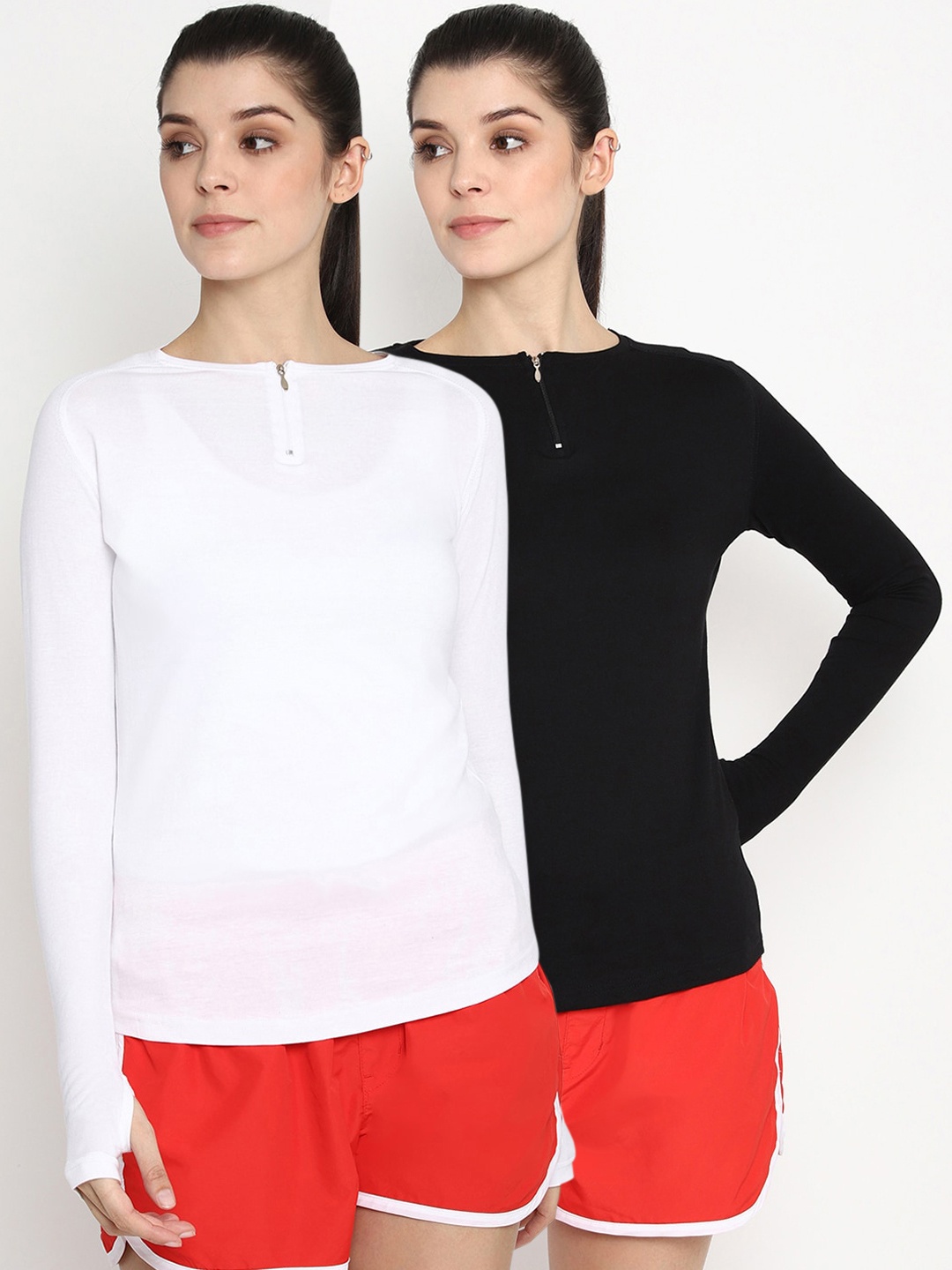 appulse Women White & Black Pack of 2 Henley Neck Slim Fit T-shirt