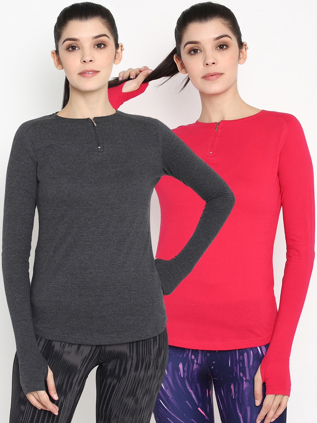 

appulse Women Charcoal Grey & Pink Set of 2 Solid Round Neck Tshirt