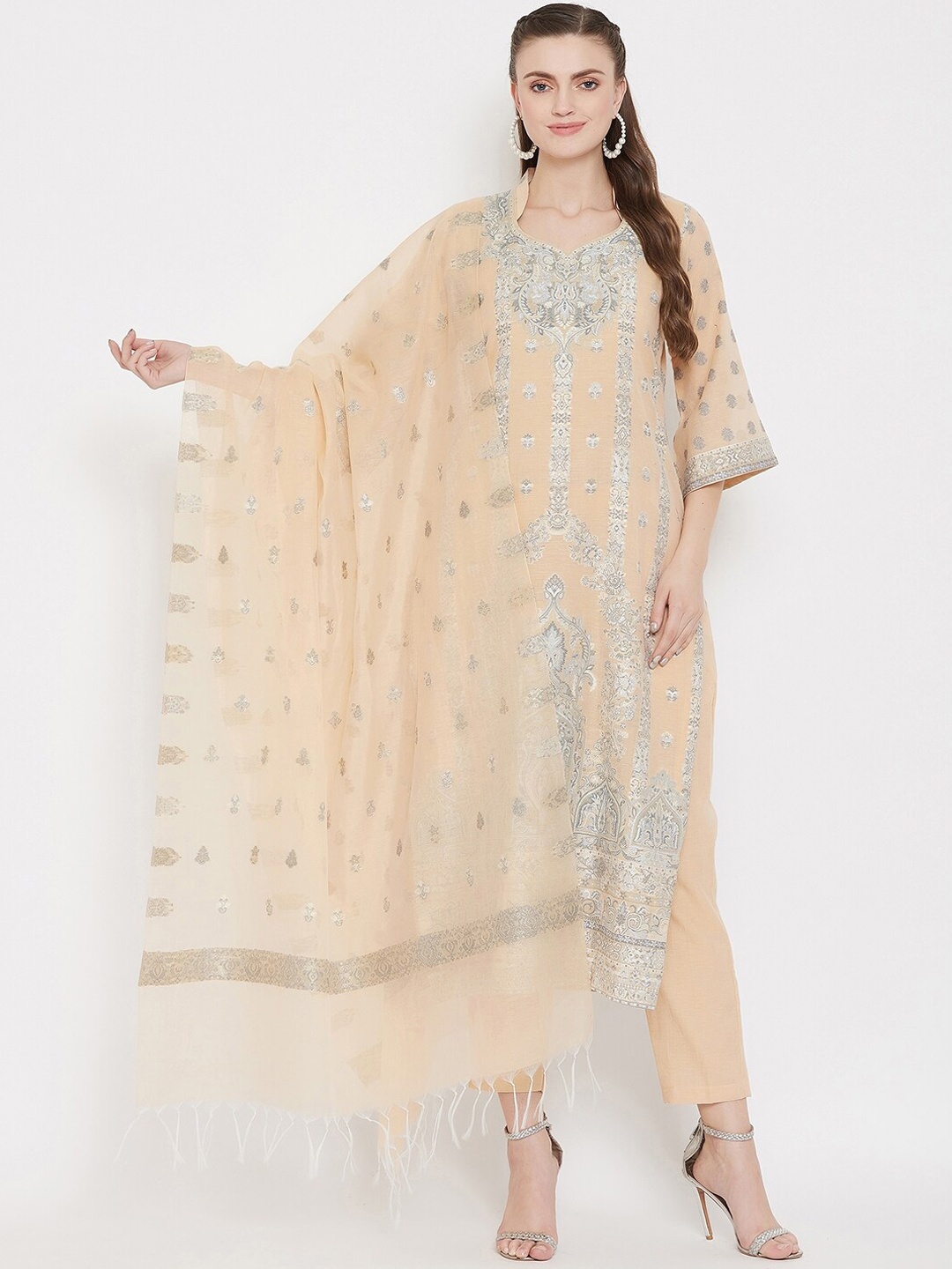 

Safaa Peach-Coloured & Silver-Toned Cotton Blend Woven Design Unstitched Dress Material For Summer