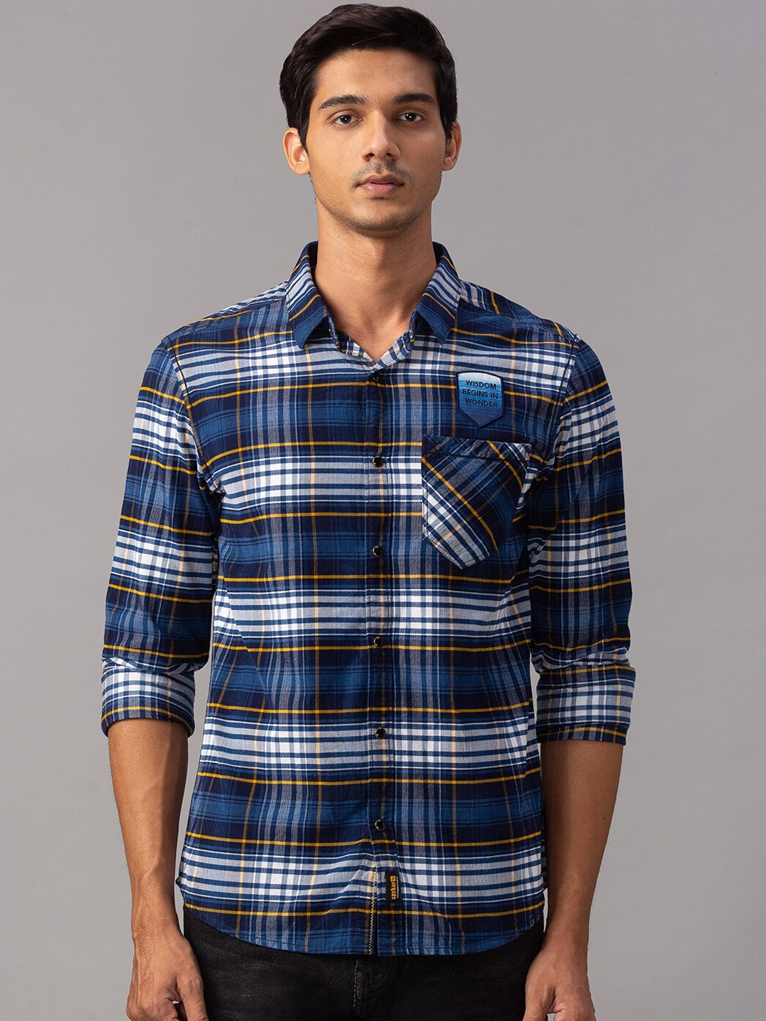 

SPYKAR Men Navy Blue Slim Fit Checked Casual Shirt