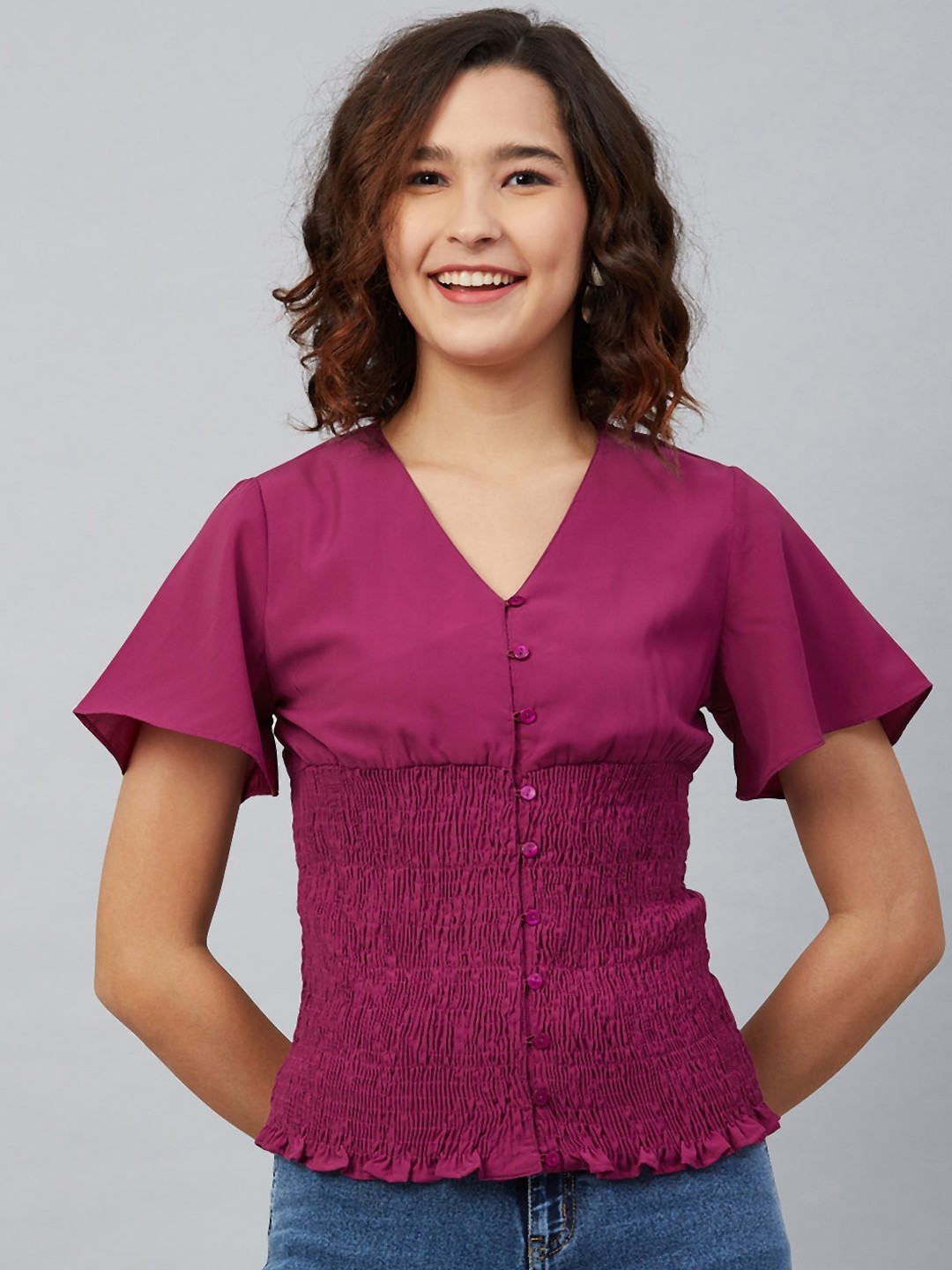 

Carlton London Purple Georgette Cinched Waist Top