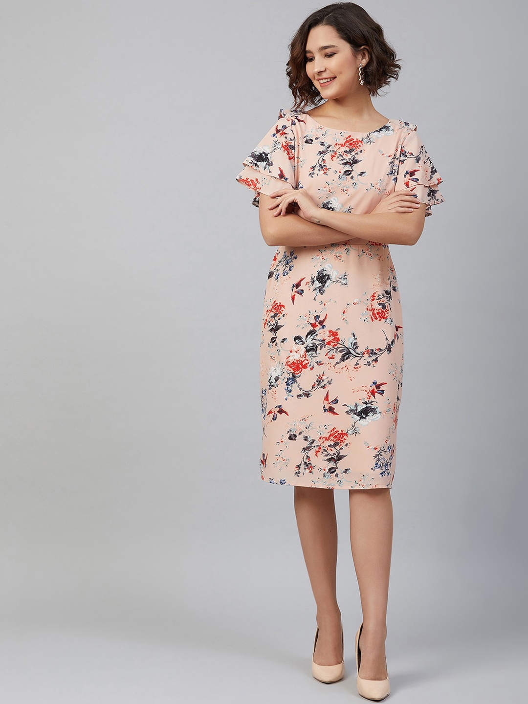 

RARE Women Peach-Coloured Printed Sheath Dress