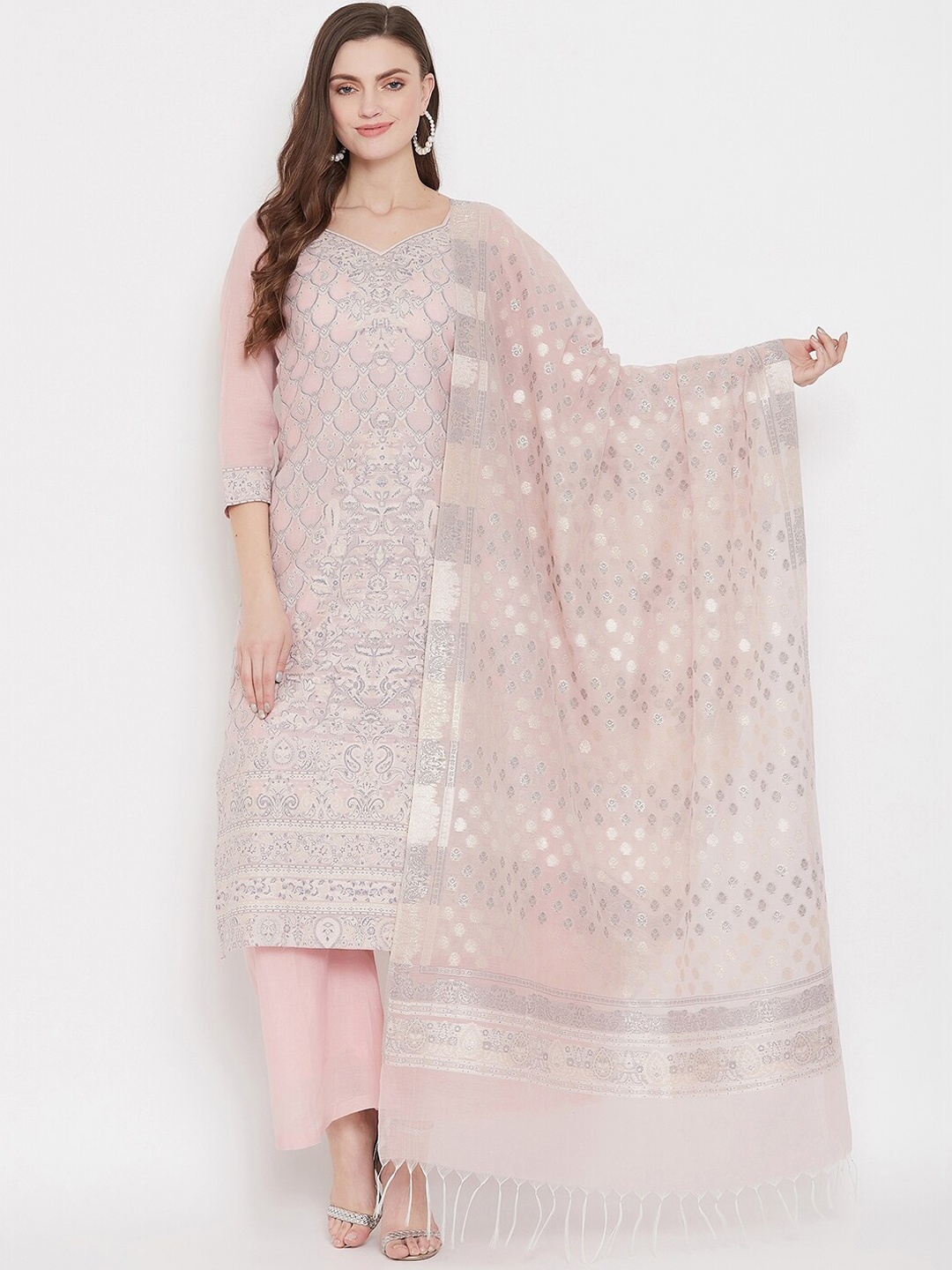 

Safaa Peach-Coloured & Silver-Toned Cotton Blend Woven Design Unstitched Dress Material For Summer