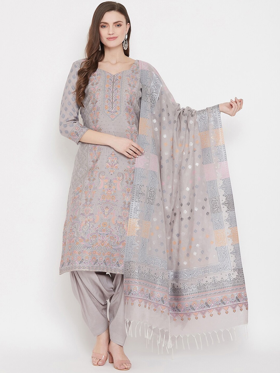 

Safaa Grey Cotton Blend Woven Design Unstitched Dress Material For Summer