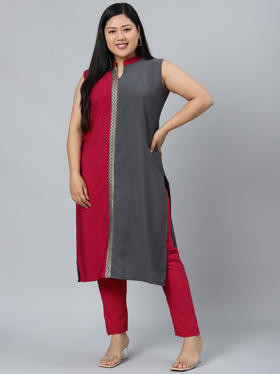 

curveZI by Ziyaa Women Magenta & Grey Colourblocked Kurta with Trousers