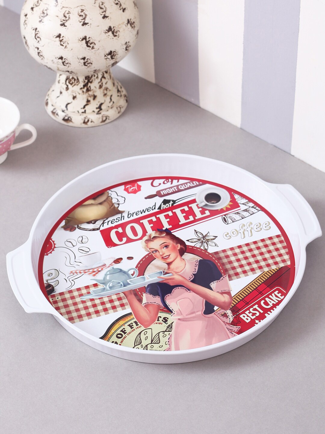 

A Vintage Affair- Home Decor White & Red Printed Vintage Coffee Metal Tin Tray
