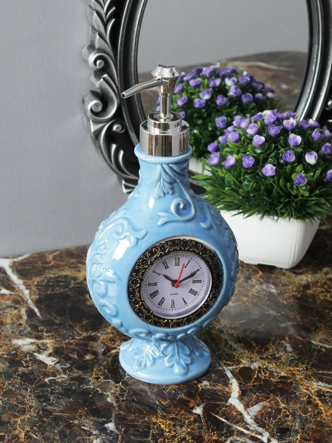 

A Vintage Affair- Home Decor Blue & White Vintage Clock Liquid Soap Dispenser