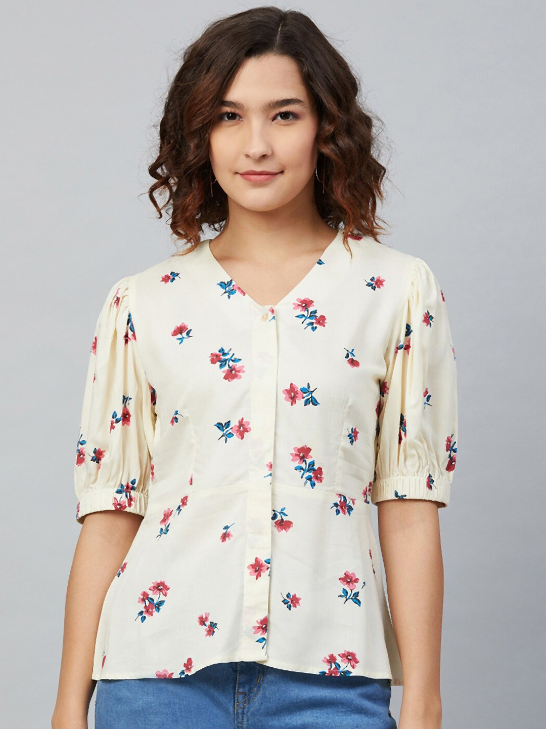 

Carlton London Cream-coloured Floral Printed Shirt Style Top
