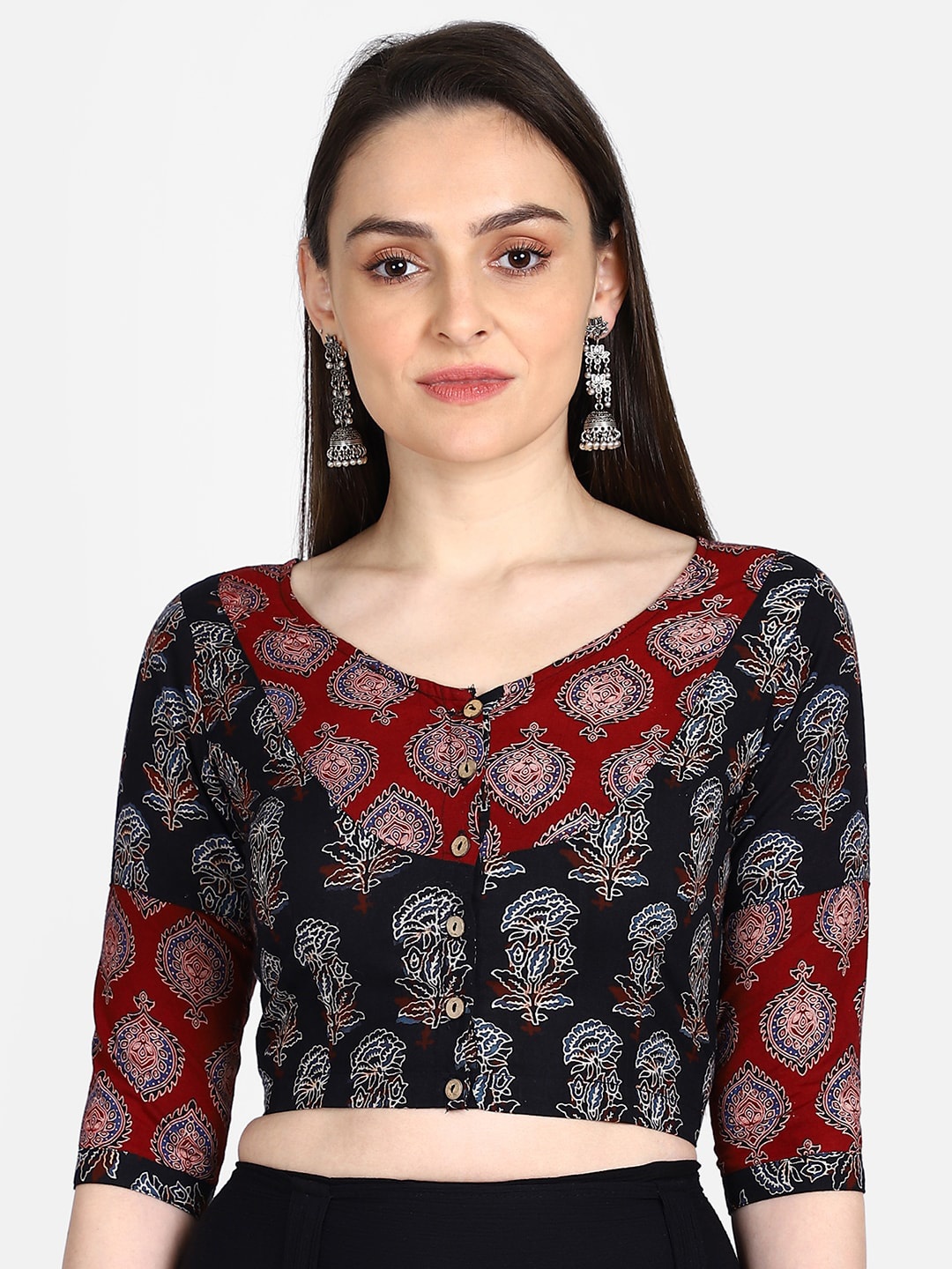 

THE WEAVE TRAVELLER Women Maroon & Black Ajrakh Hand Block Printed Sustainable Saree Blouse