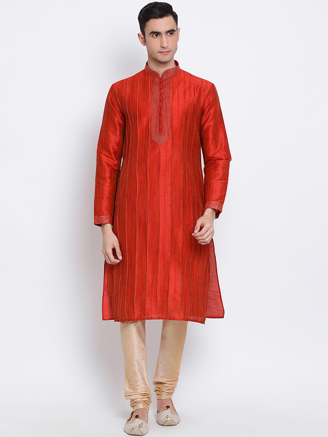 

Sanwara Men Rust Striped Woven Design Straight Kurta
