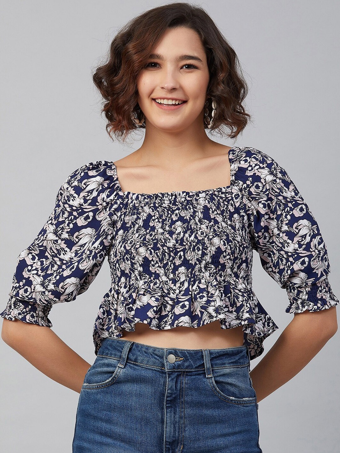 

Rare Navy Blue Floral Printed Puff Sleeves Crepe Regular Crop Top