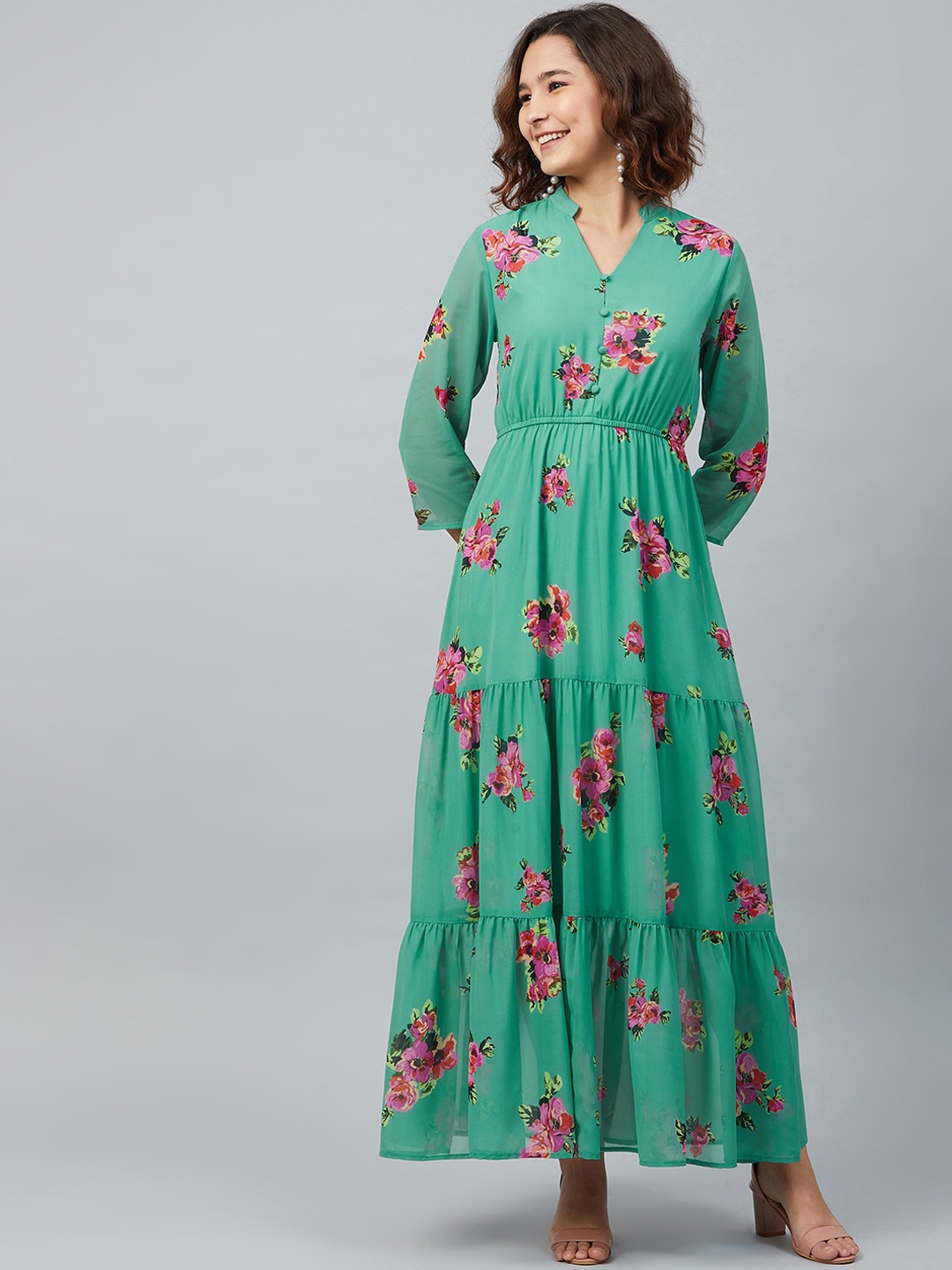 RARE Women Green Floral Printed Maxi Dress