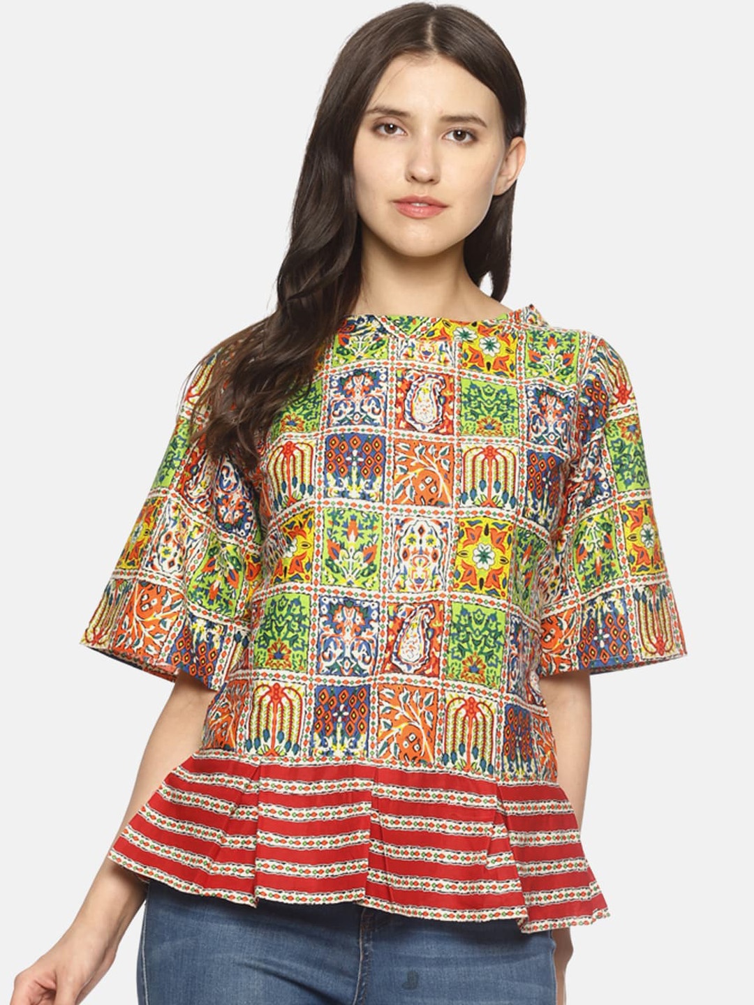 

COUPER & COLL Multicoloured Printed Crepe Peplum Top, Multi