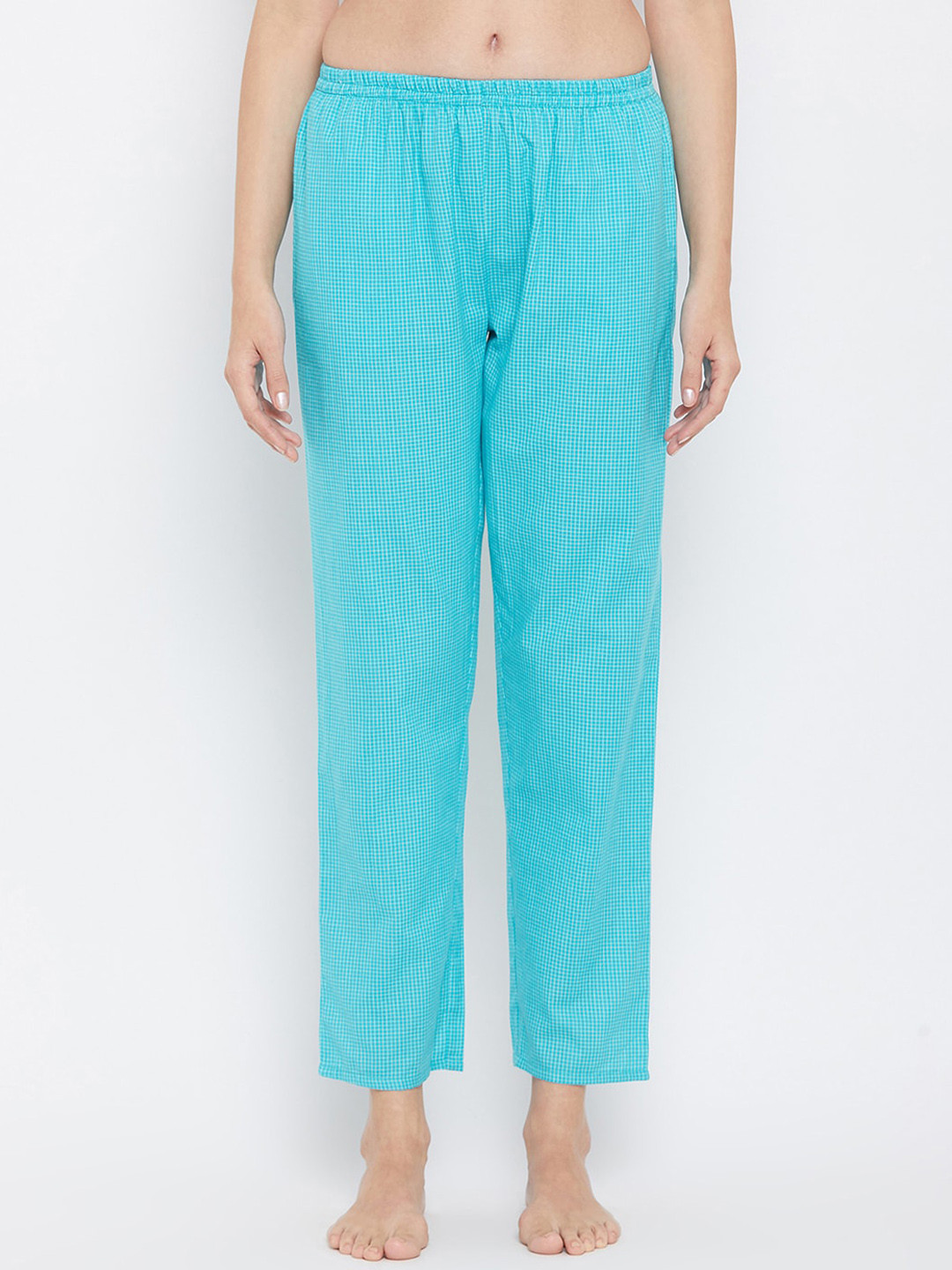 

Clovia Women Turquoise Blue & White Checked Cotton Lounge Pants With Headband