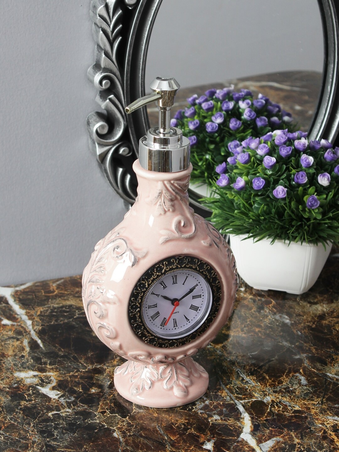 

A Vintage Affair- Home Decor Pink & White Vintage Clock Liquid Soap Dispenser