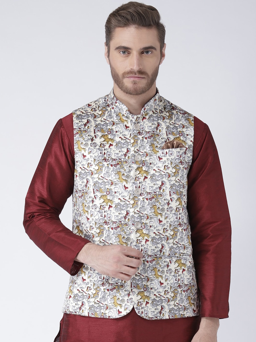 Hangup Men White & Beige Printed Woven Nehru Jacket, Multi