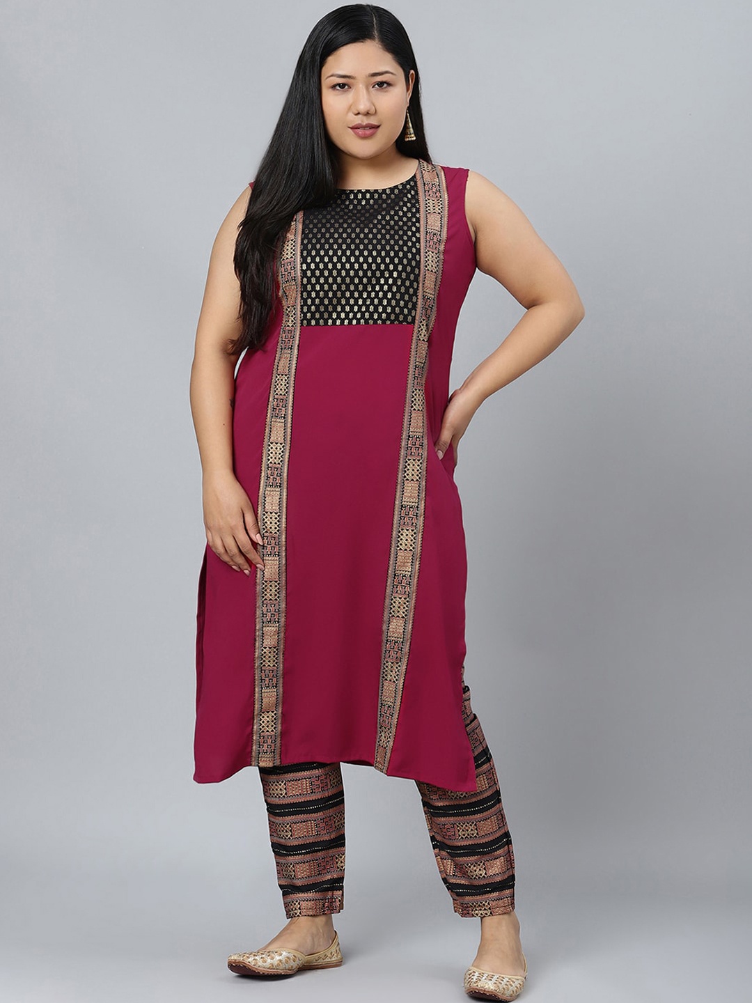 

curveZI by Ziyaa Women Magenta & Black Woven Design Kurta with Trousers & Dupatta