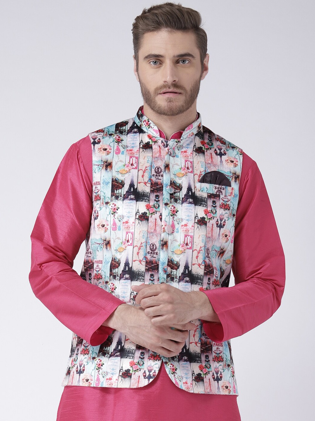

Hangup Men Pink & Blue Printed Woven Nehru Jacket