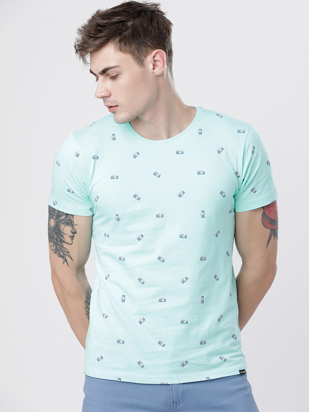 

HIGHLANDER Men Turquoise Blue Printed Slim Fit Round Neck T-shirt
