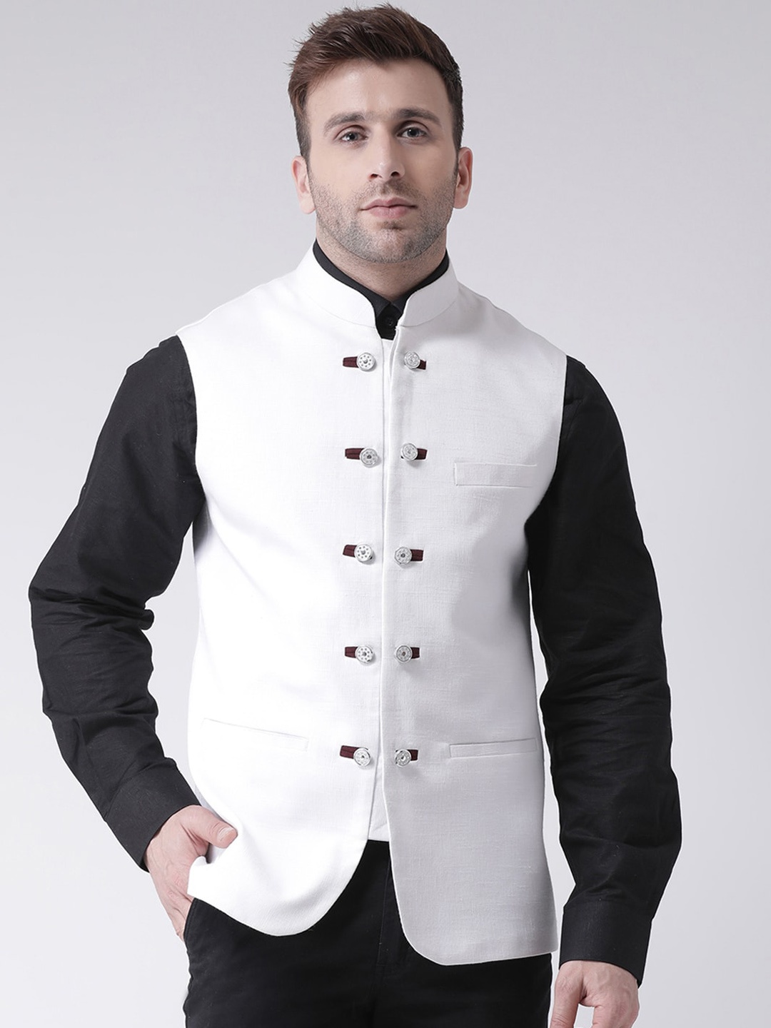 Hangup Men White Printed Woven Nehru Jacket