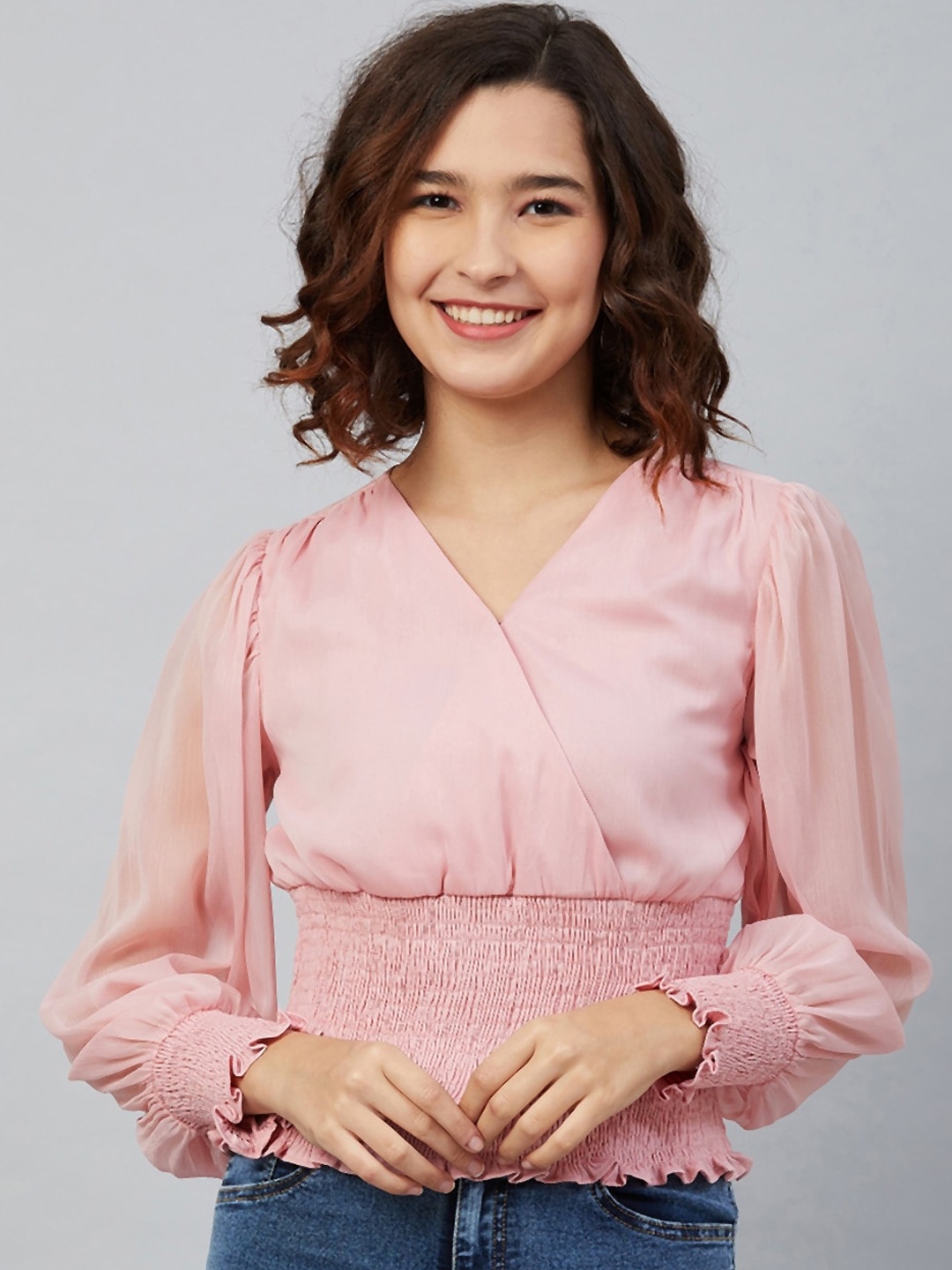

Marie claire pink puff sleeves chiffon wrap top