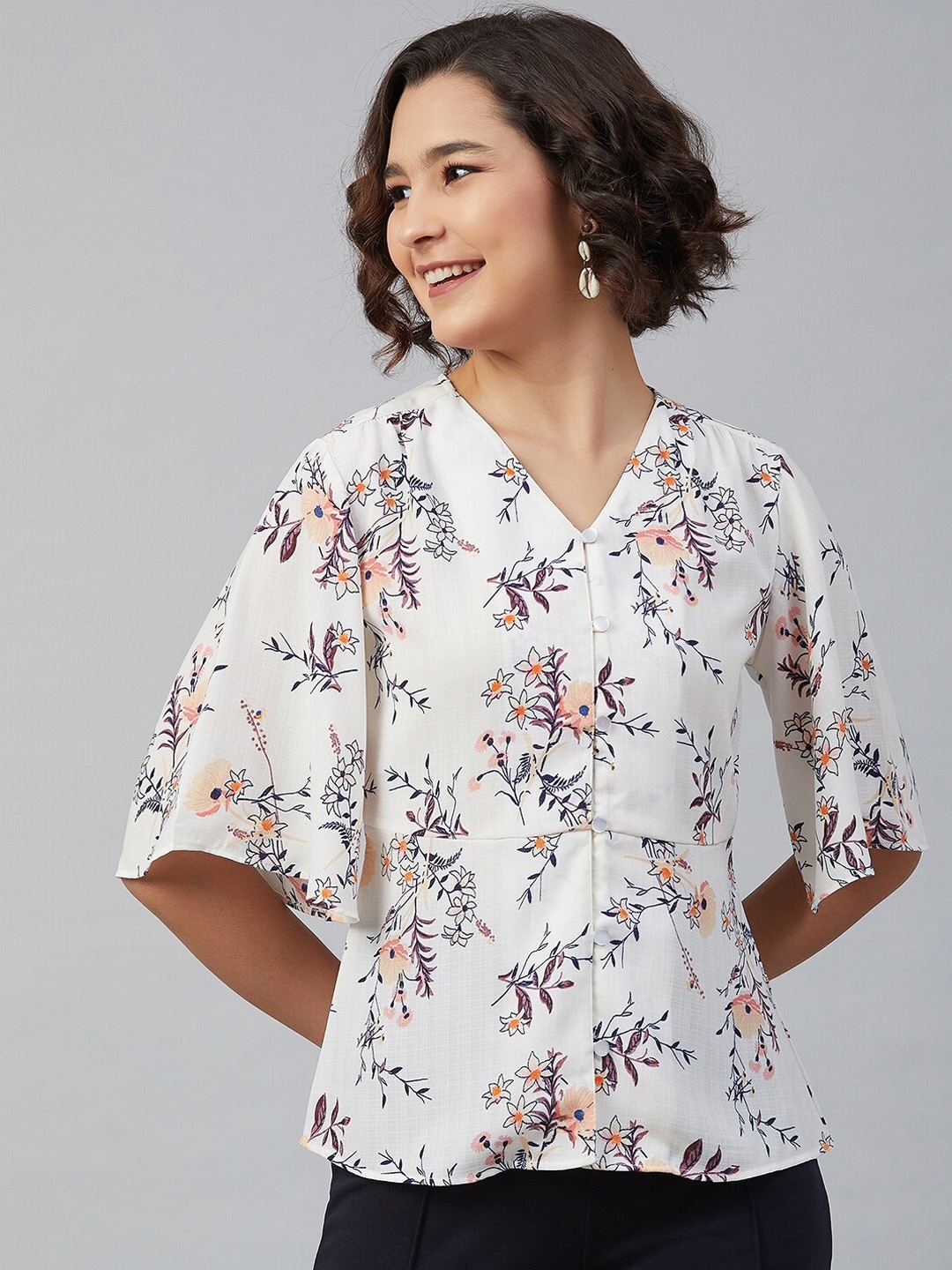 

Marie claire white floral printed flared sleeves crepe regular top