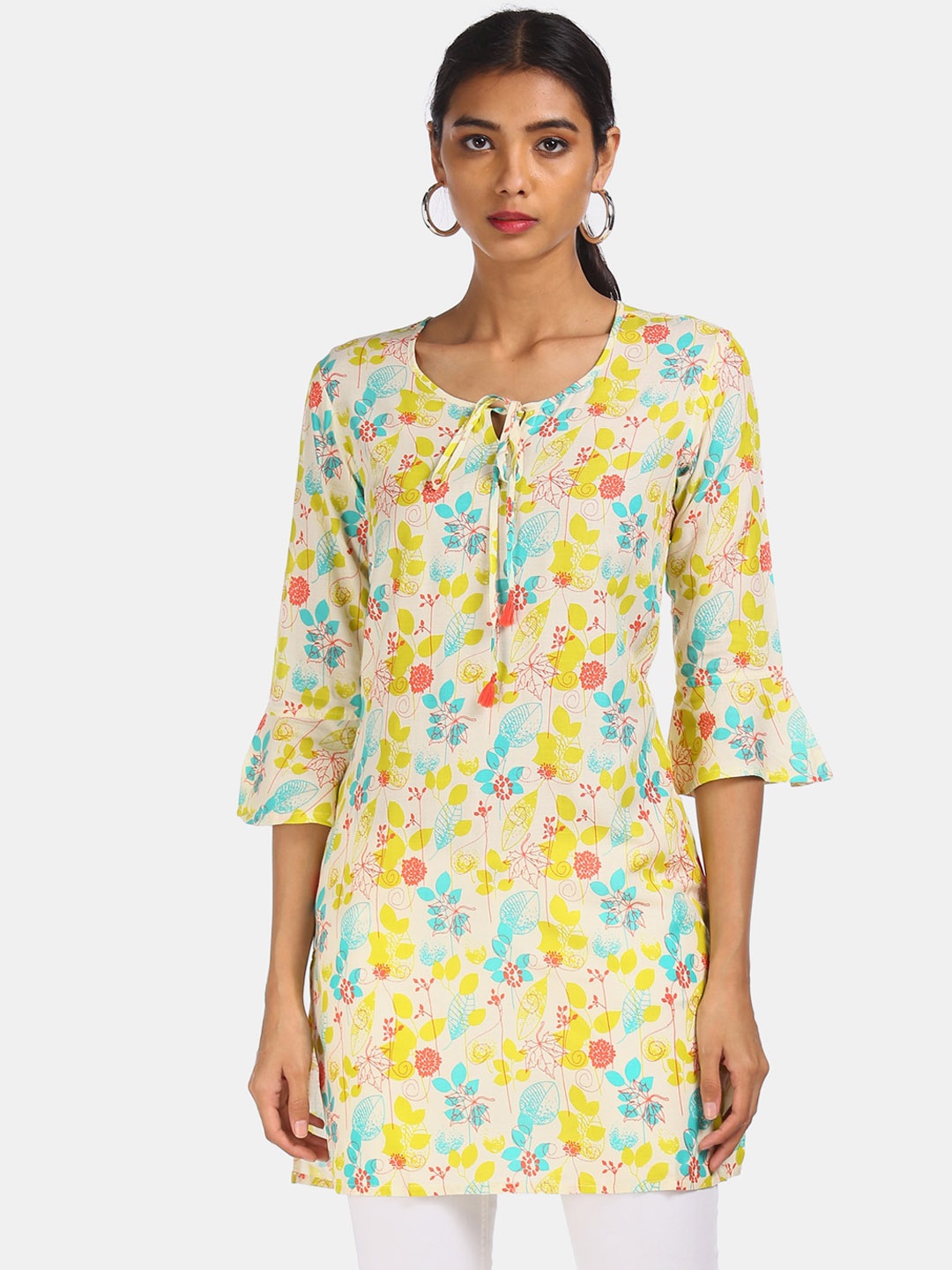 

Karigari Women Off White Floral Printed Bell Sleeves Kurta