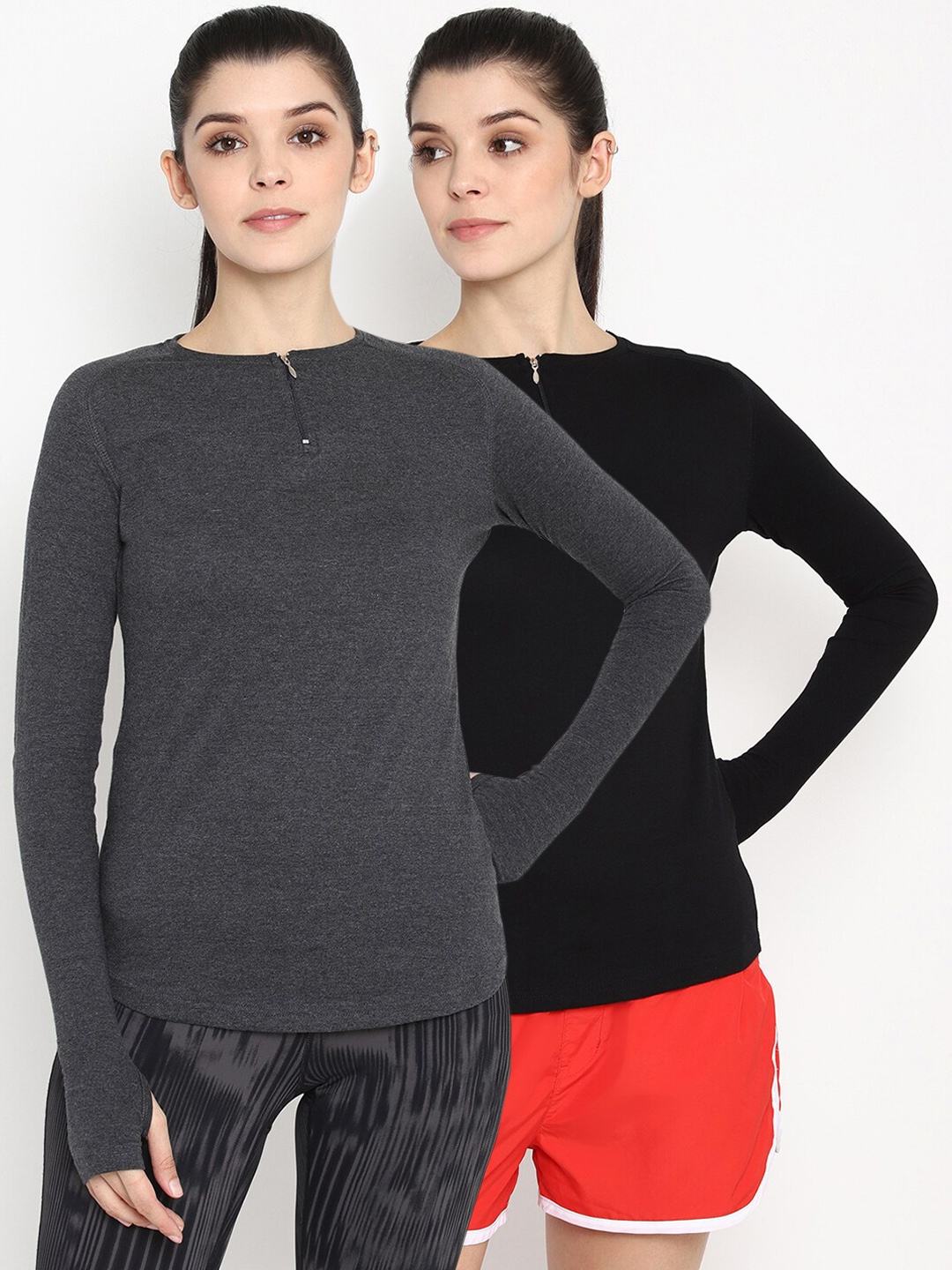 

appulse Women Grey & Black Set of 2 Solid Round Neck Tshirt