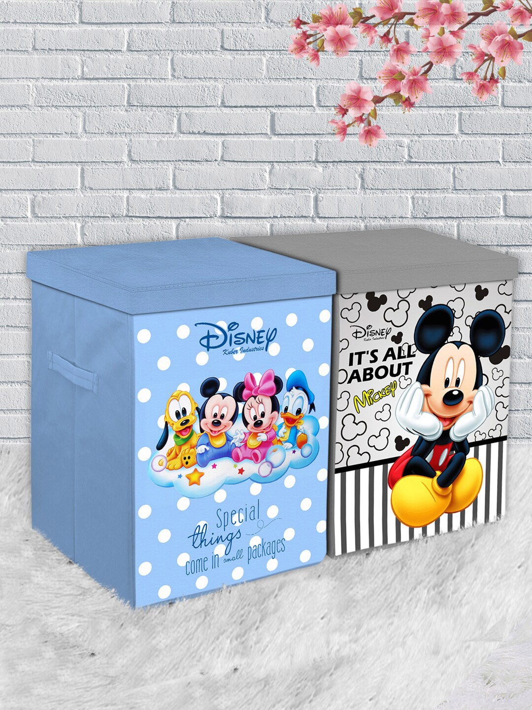 Kuber Industries Set Of 2 Disney Print Foldable Storage Organizer Box With Handles & Lids, Grey