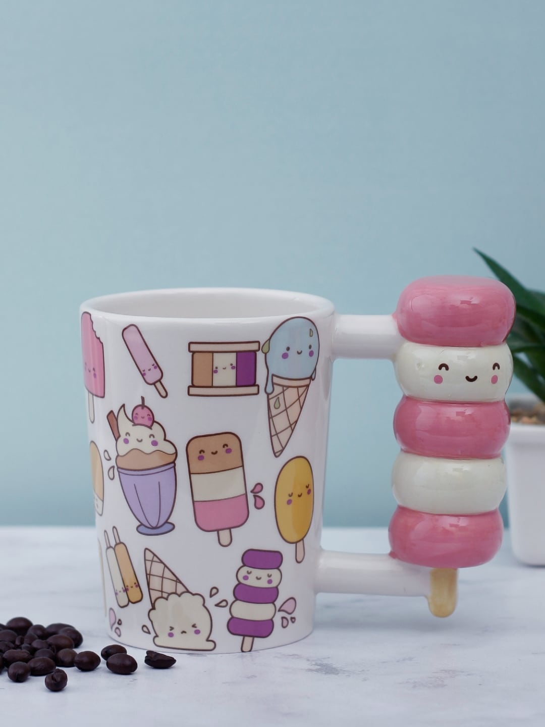 

A Vintage Affair- Home Decor White & Pink Printed Ceramic Ice-Cream Cone Handle Mug