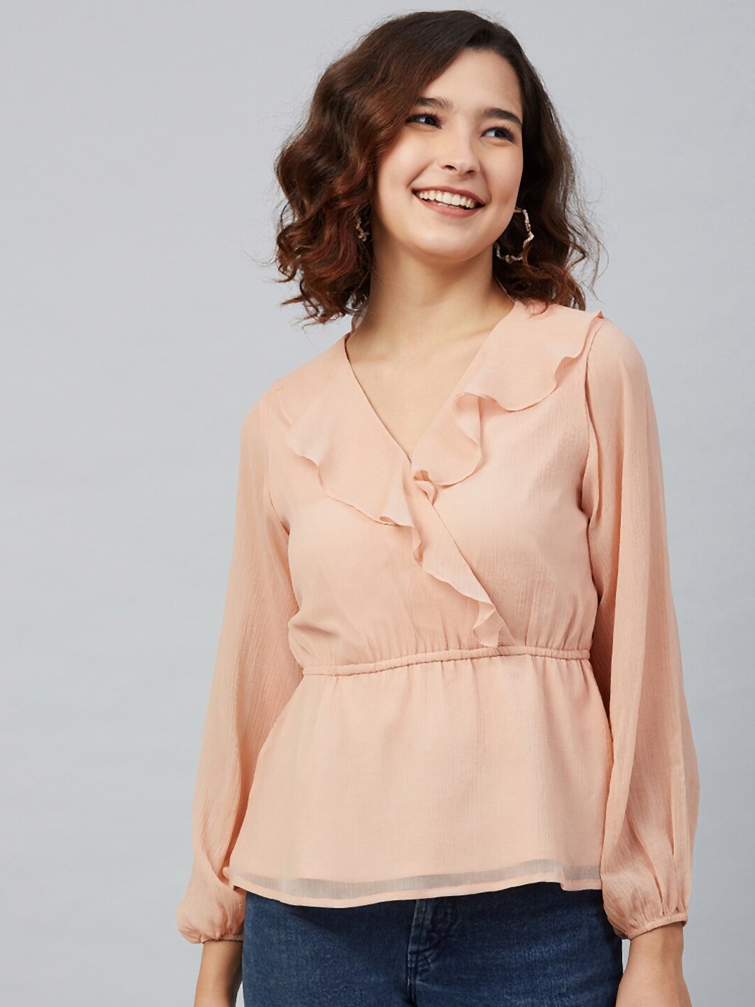 Marie Claire Women Pink Puff Sleeves Chiffon Wrap Top